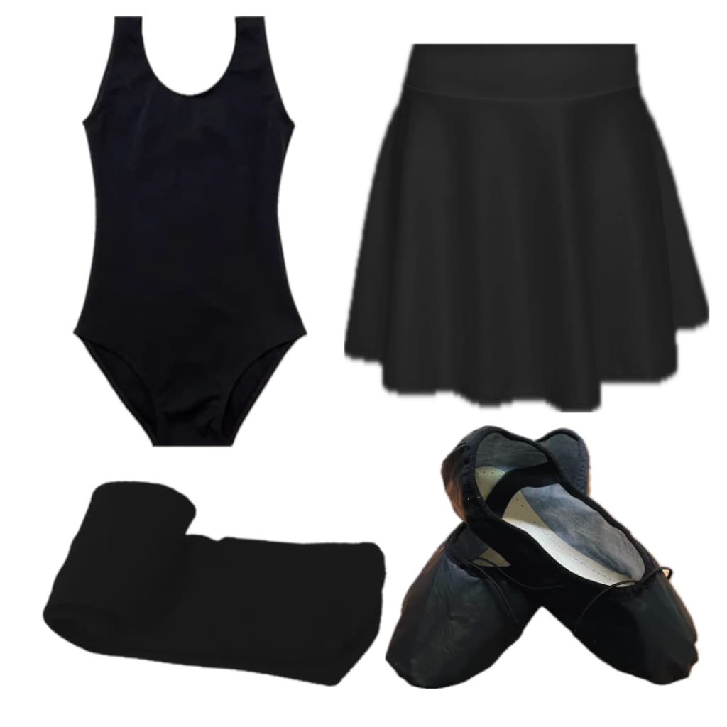 Kit Ballet Infantil Preto Com 4 Itens: Collant Regata + Saia Cós + Meia + Sapatilha