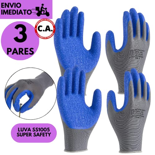 Kits c/1 ou 3 Pares Luva Supersafety 1005 Látex Reutilizável Proteção Doméstica e Profissional