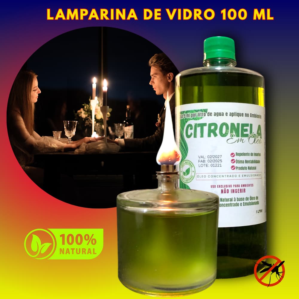 Kit Lamparina Vidro 100ml + Oleo de Citronela Proteção Natural Elegante contra Mosquitos ao Ar Livre
