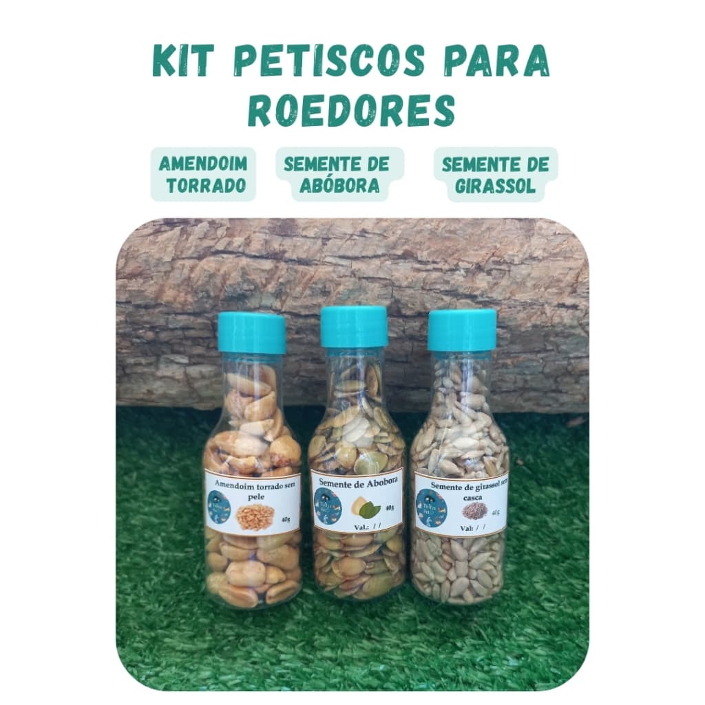 Kit Petiscos mini garrafinha para Roedores e Aves, Semente de girassol, semente de abobora e amendoim.