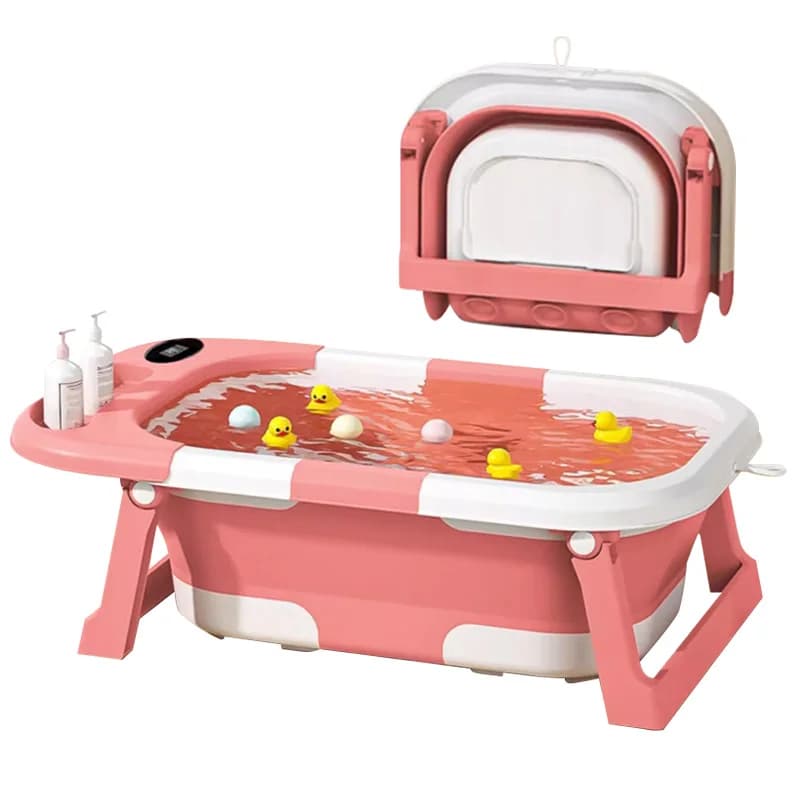 Banheira Bebê Dobrável Rosa Portátil Termômetro Segurança Banho Infantil Compacta Menino e Menina