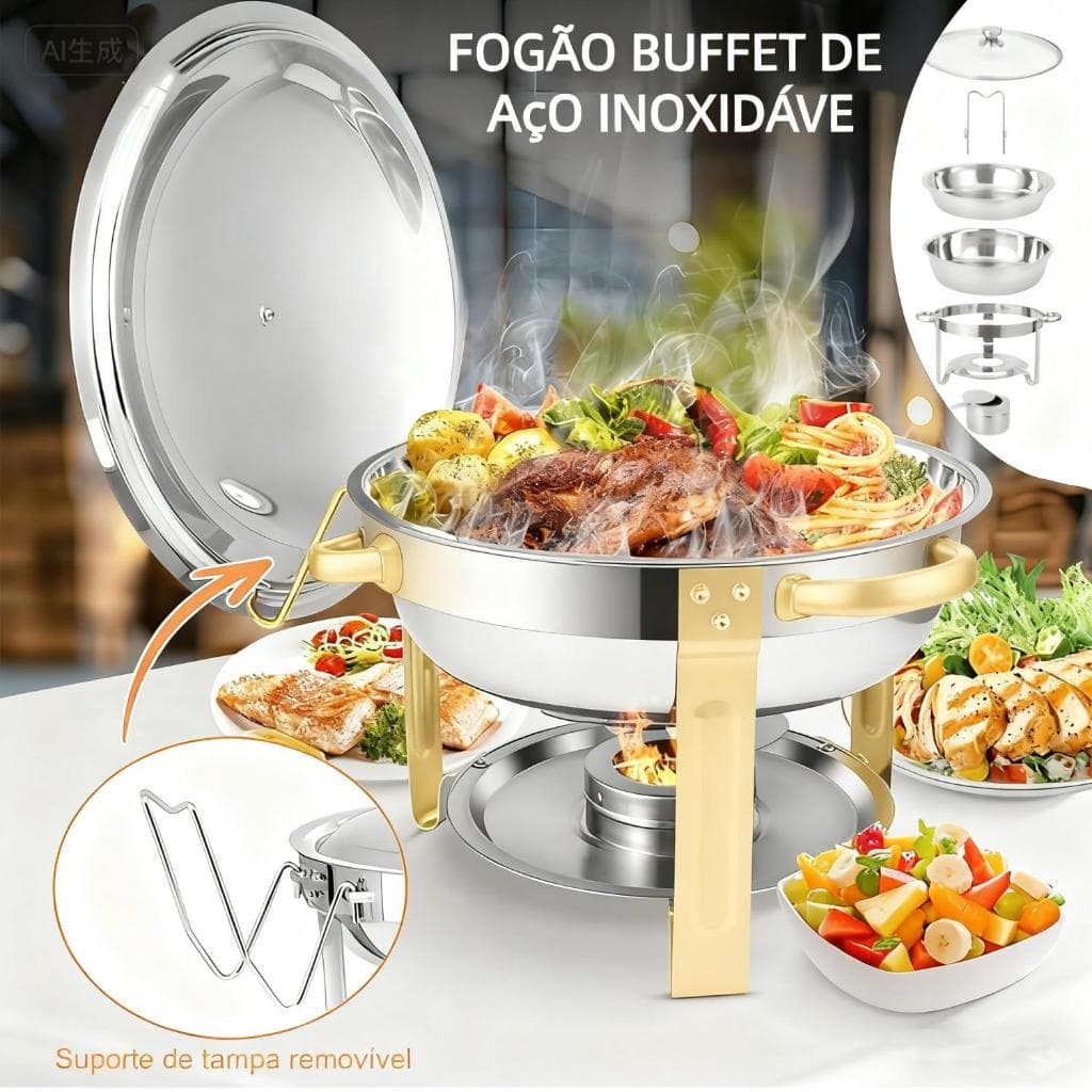 Rechaud Inox Redondo 6 Litros Banho Maria Aquecedor Alimento aço inox litros Aço Inox6