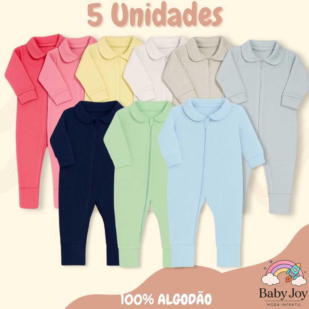 Kit 5 Macacão Longo Bebê Ribana Algodão com Zíper Menina Menino Top Envio Imediato