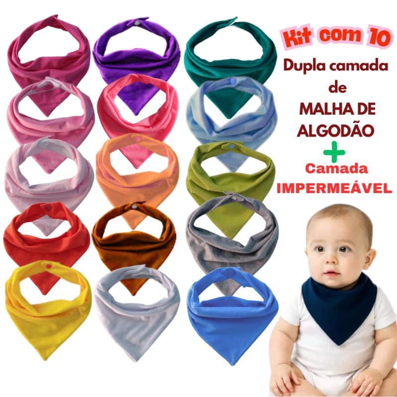 KIT C/10 Babadores Bandana  IMPERMEÁVEL bebê dupla face malha 100% algodão
