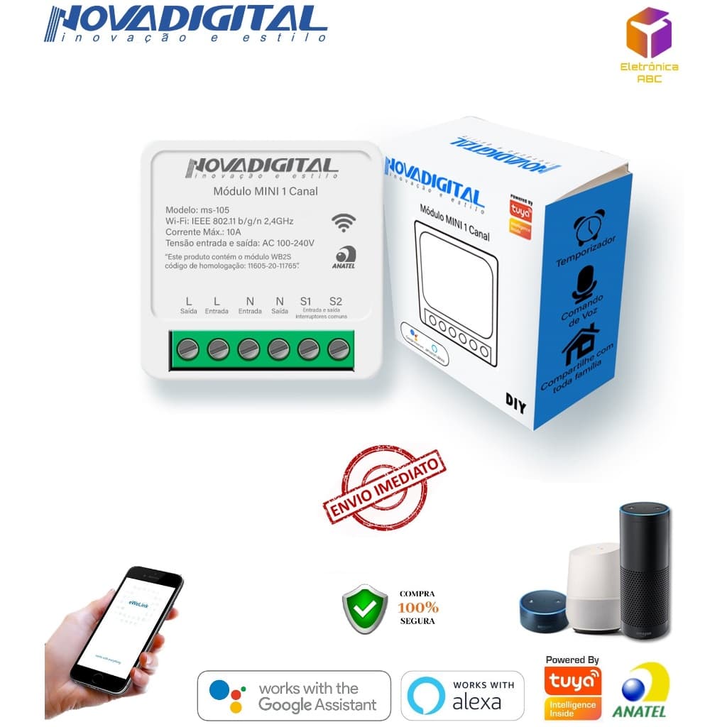 Mini Módulo Rele 1 canal 10A Interruptor Inteligente Wifi Alexa Google Automação Tuya Smart Life