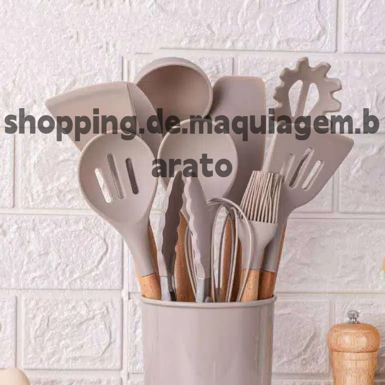Jogo de Cozinha Kit C/12 Pçs de Silicone Utensílios e Copo Suporte para Cozinha Cabo de Madeira Su
