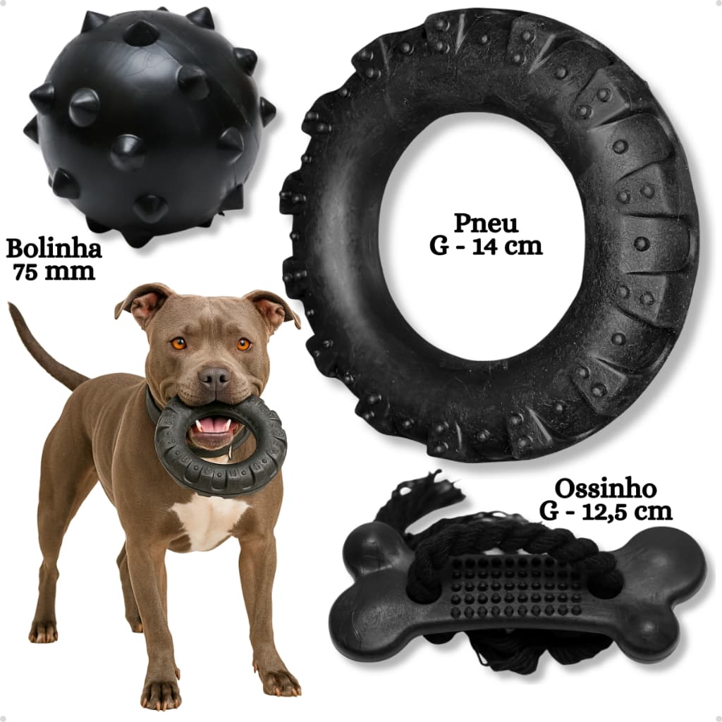 Kit Brinquedo Mordedor para Cachorro Pneu G + Bola Cravo Maciça 75mm + Osso Grande Black com Corda