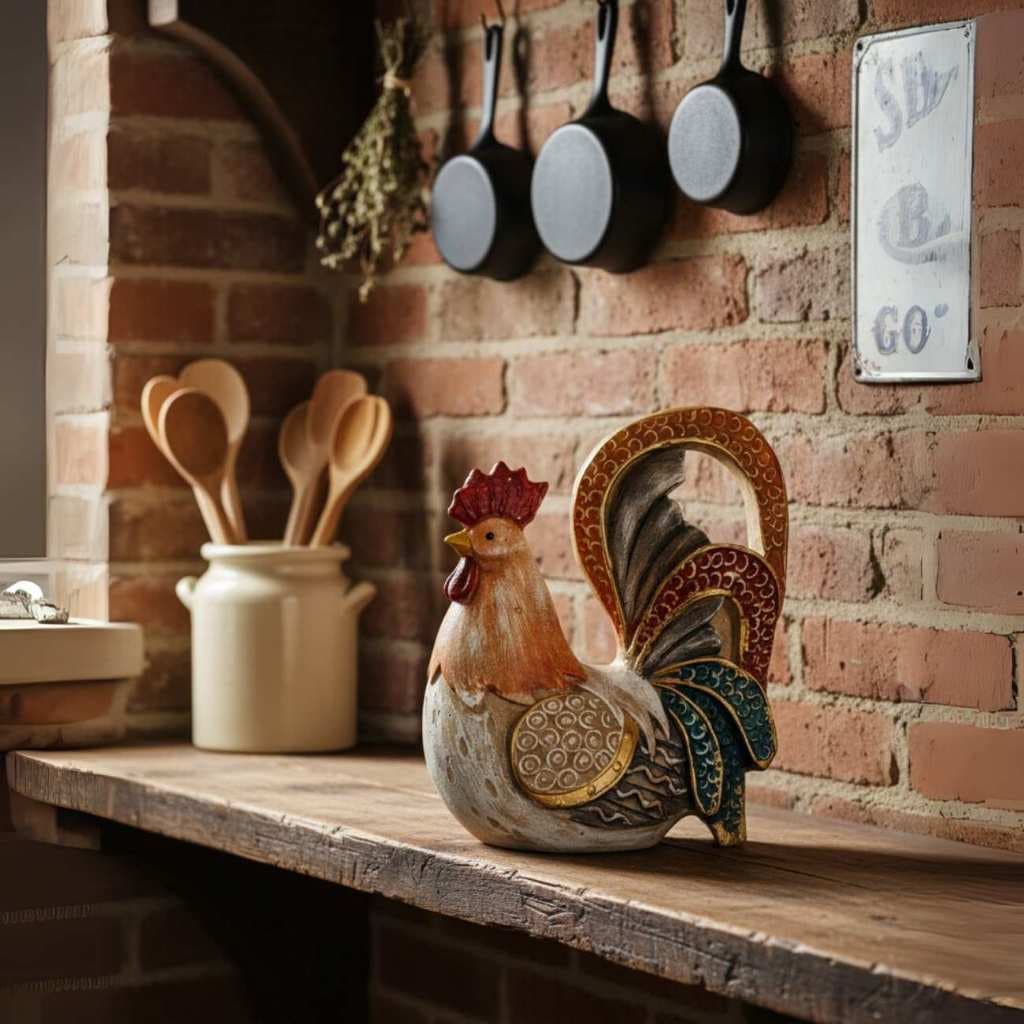 Galo Decorativo em Gesso Estatua Artesanal Colorido P/ Sala Cozinha Rústica