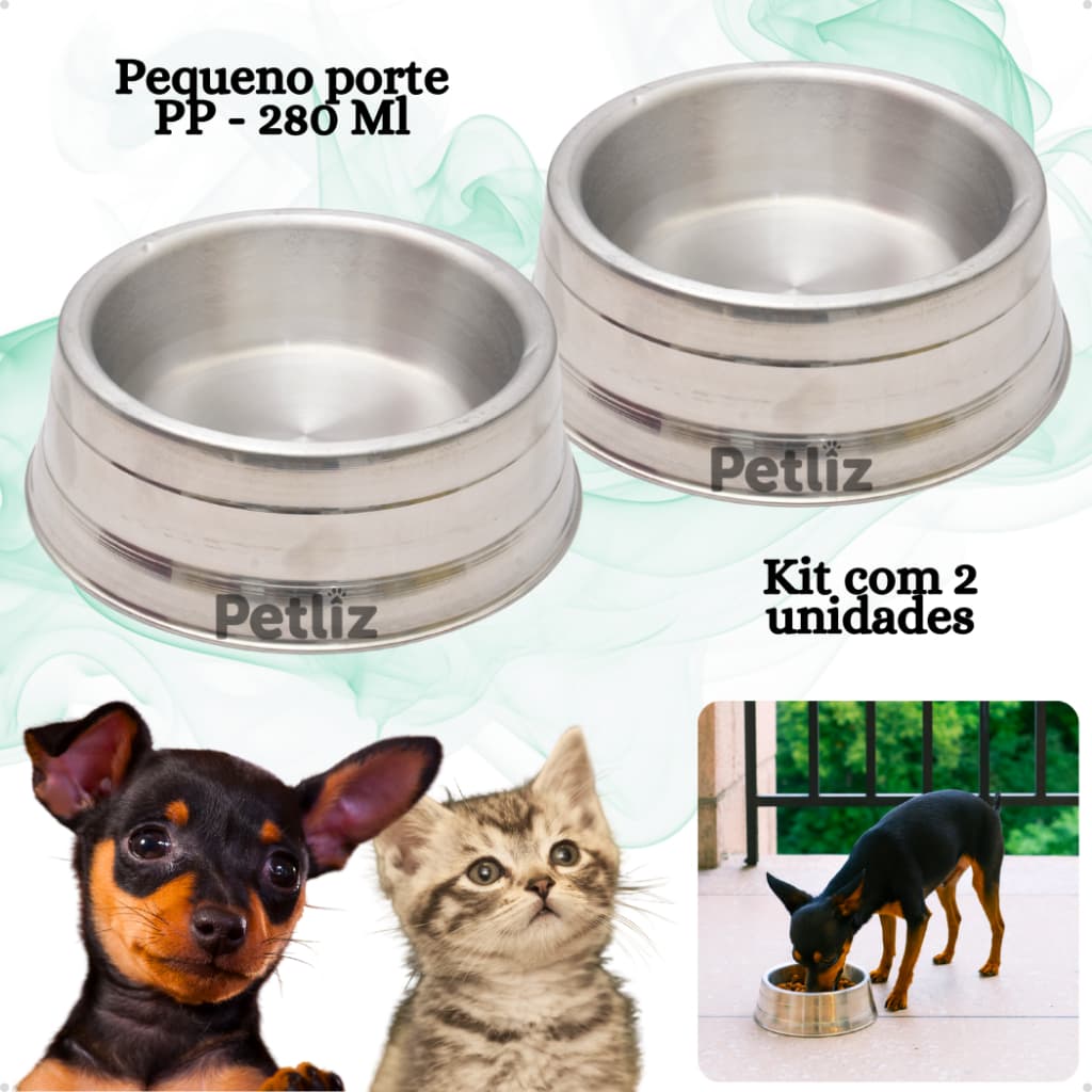 Kit 2 Pote Comedouro e Bebedouro Pesado Polido de Alumínio Ração para Cães Pequeno Porte PP 280 ml