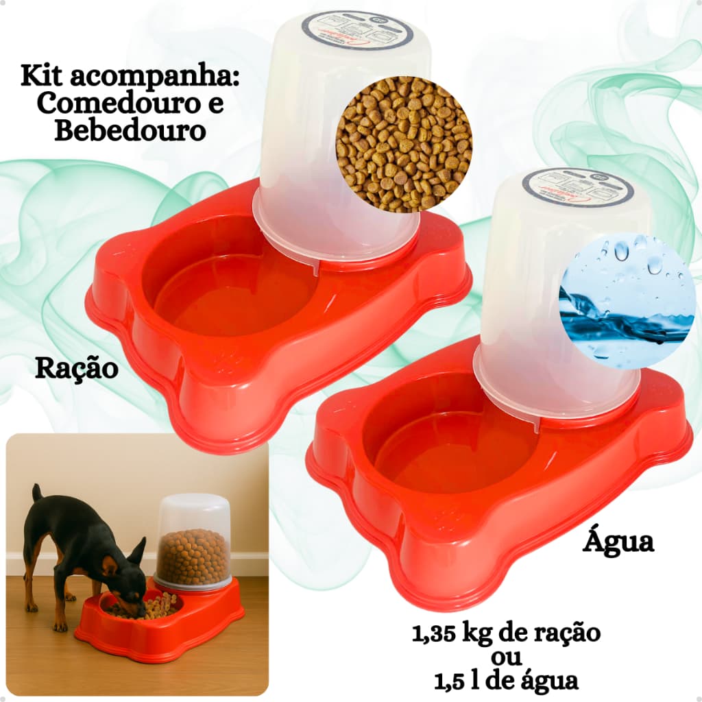 Kit Comedouro/Bebedouro Dupla Função Dispenser Dosador 1,35kg Ração/1,5 Litros Água Cães E Gatos