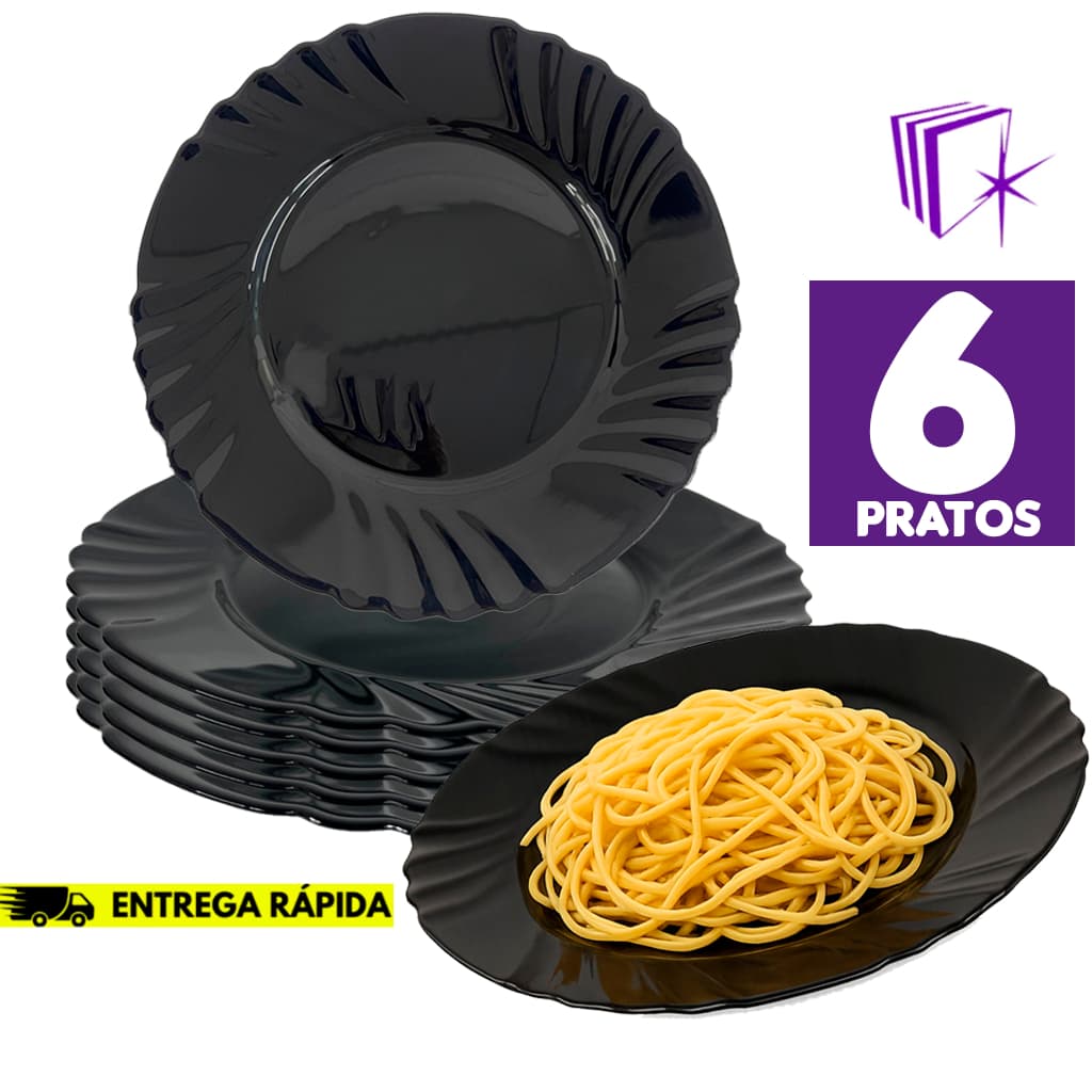Kit Jogo 06 Pratos Black Raso 25,5 Cm Modelo Pétala Design Moderno Luxo Vidro Resistente