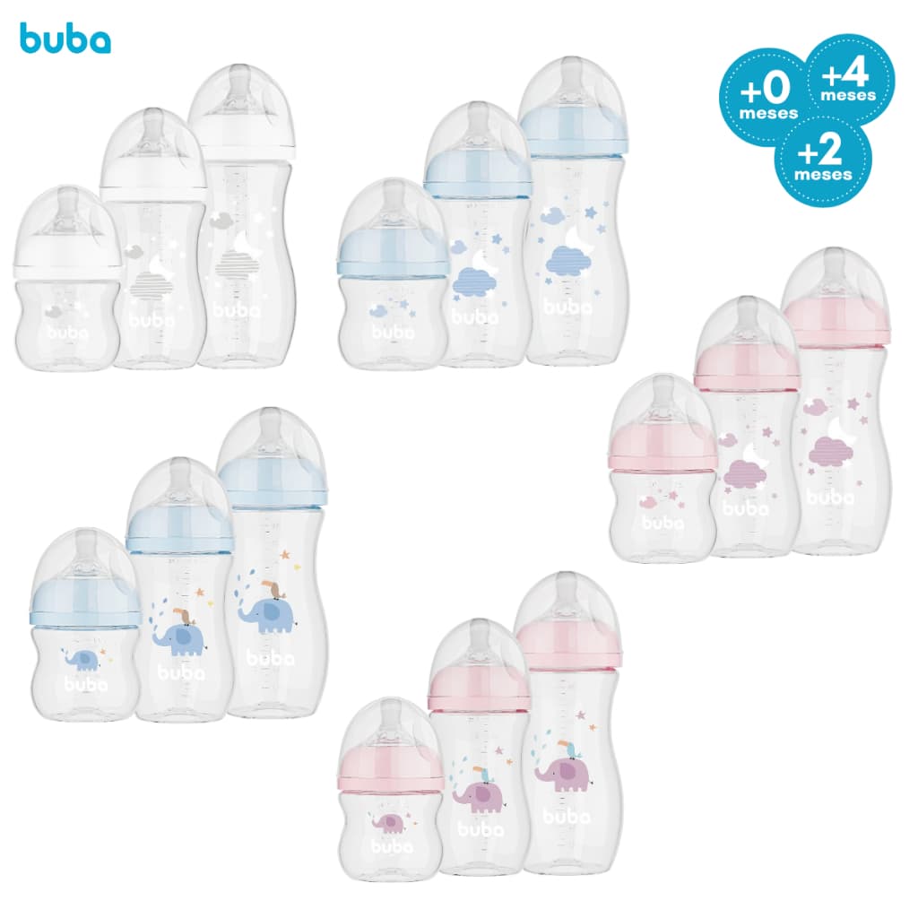 Kit 3 Mamadeiras Buba Anticólica Bico Pétala Silicone Macio Easy Flow Antivazamento 120/270/330 mL