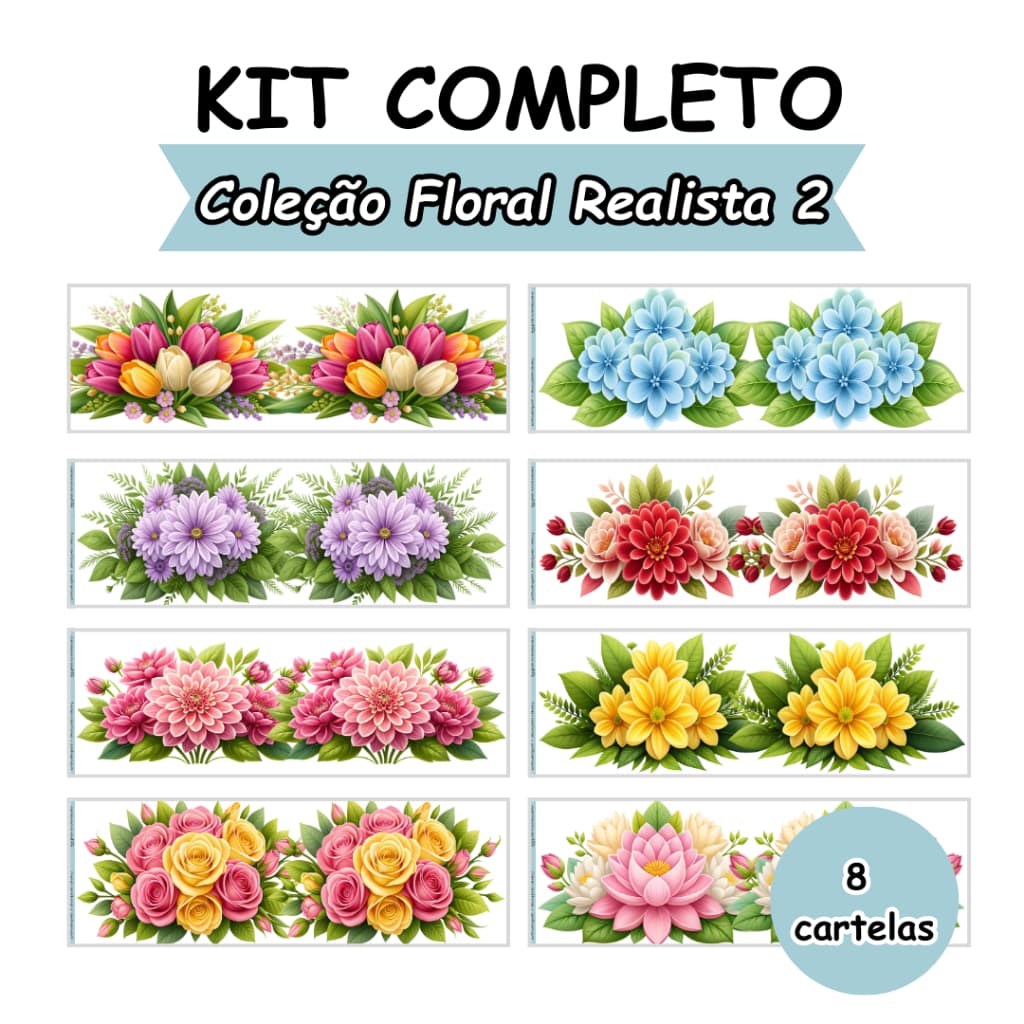 KIT 7 DECALQUES TERMOCOLANTE PARA TECIDO 10X27CM - FLORAL REALISTA