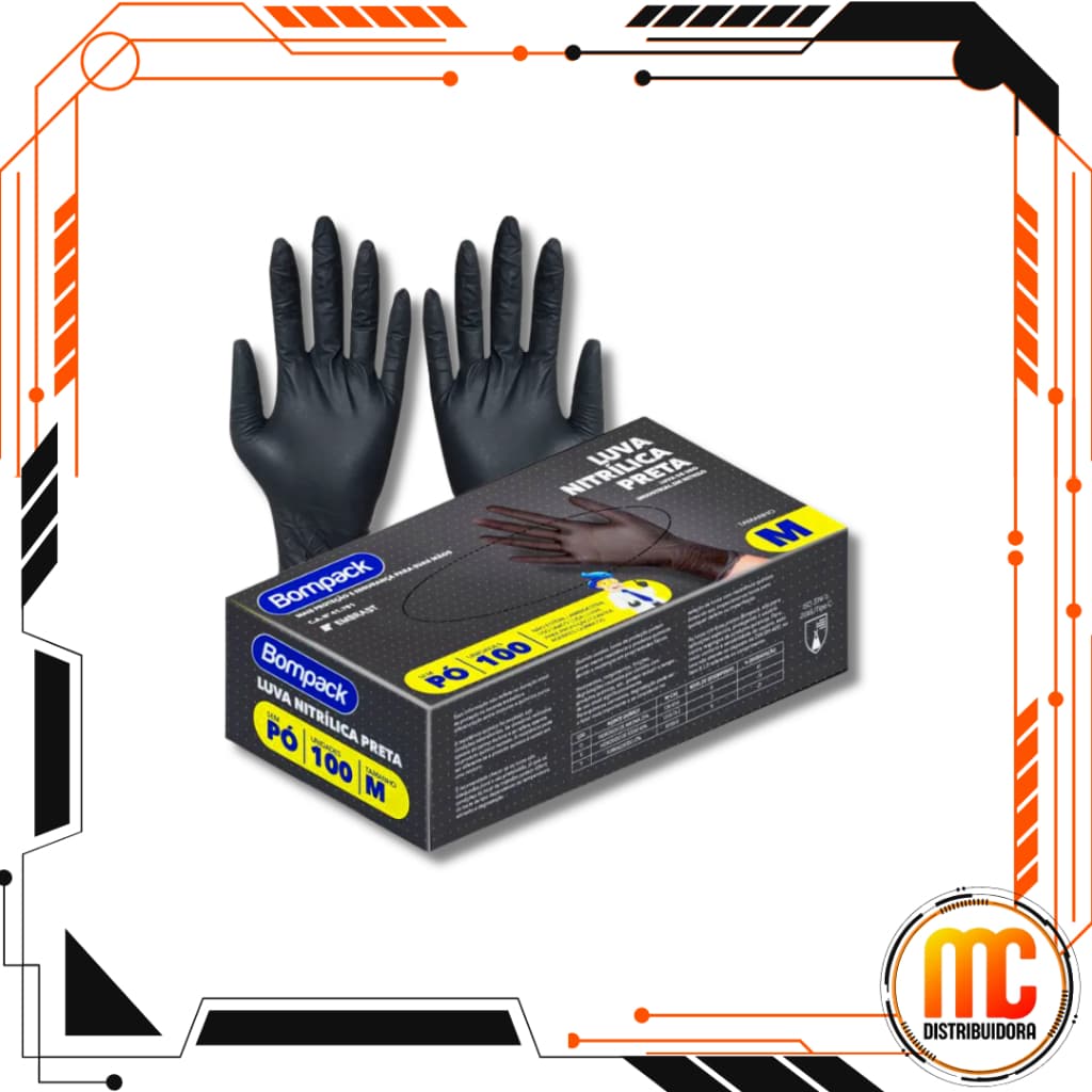Luvas Nitrílicas Pretas Descartáveis Bompack Sem Pó P/M/G