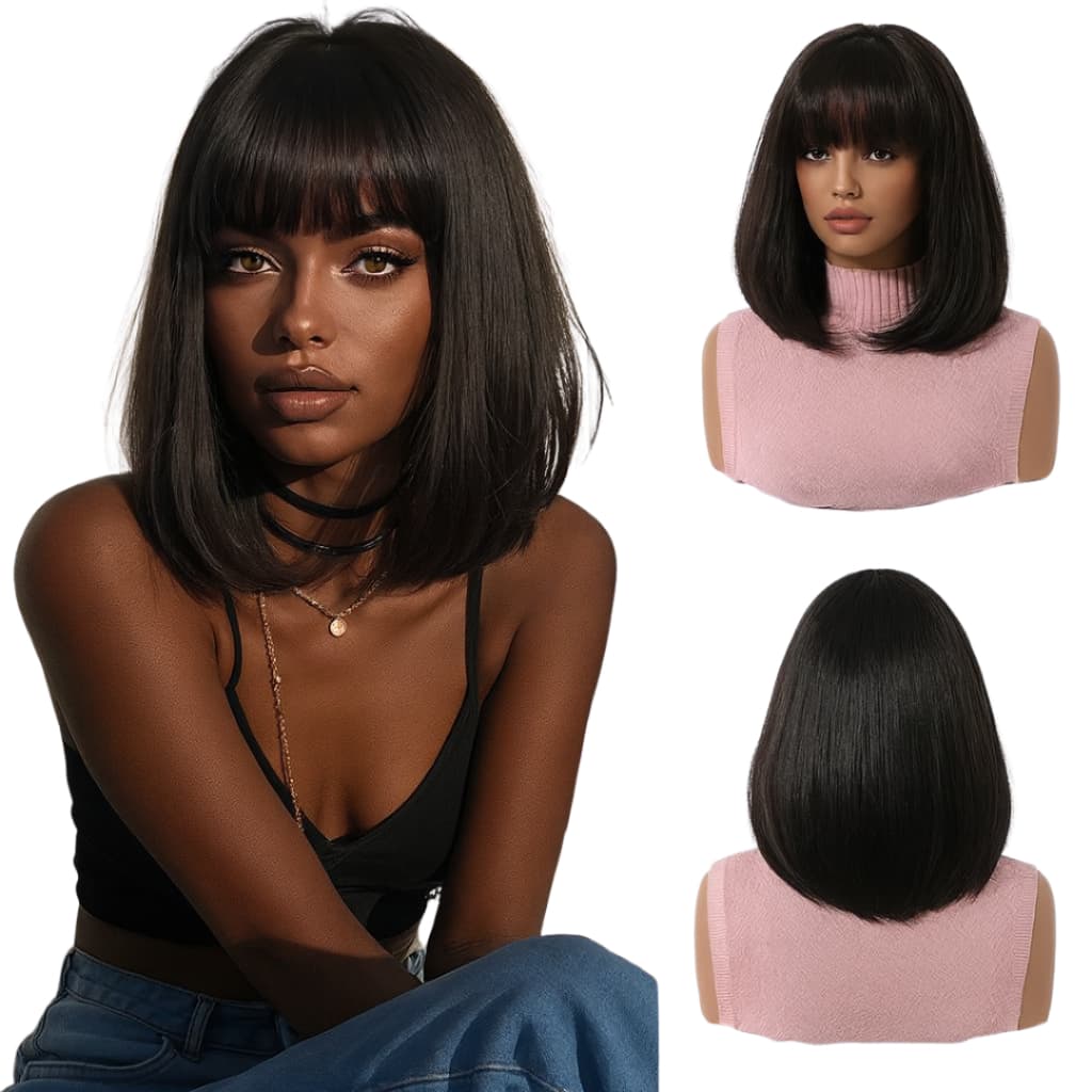Peruca Wig Curta Com franja Orgânica 35 Cm Linda para o Dia a Dia + Wig Cap