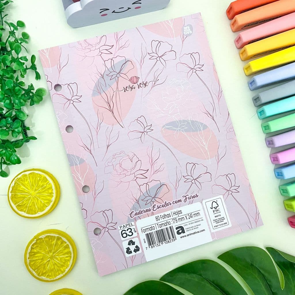 Refil Fichário Colegial Caderno Argolado Rosa Rose 80 Folhas 17,7x 24cm - Animativa (1 2 3 Unidades)