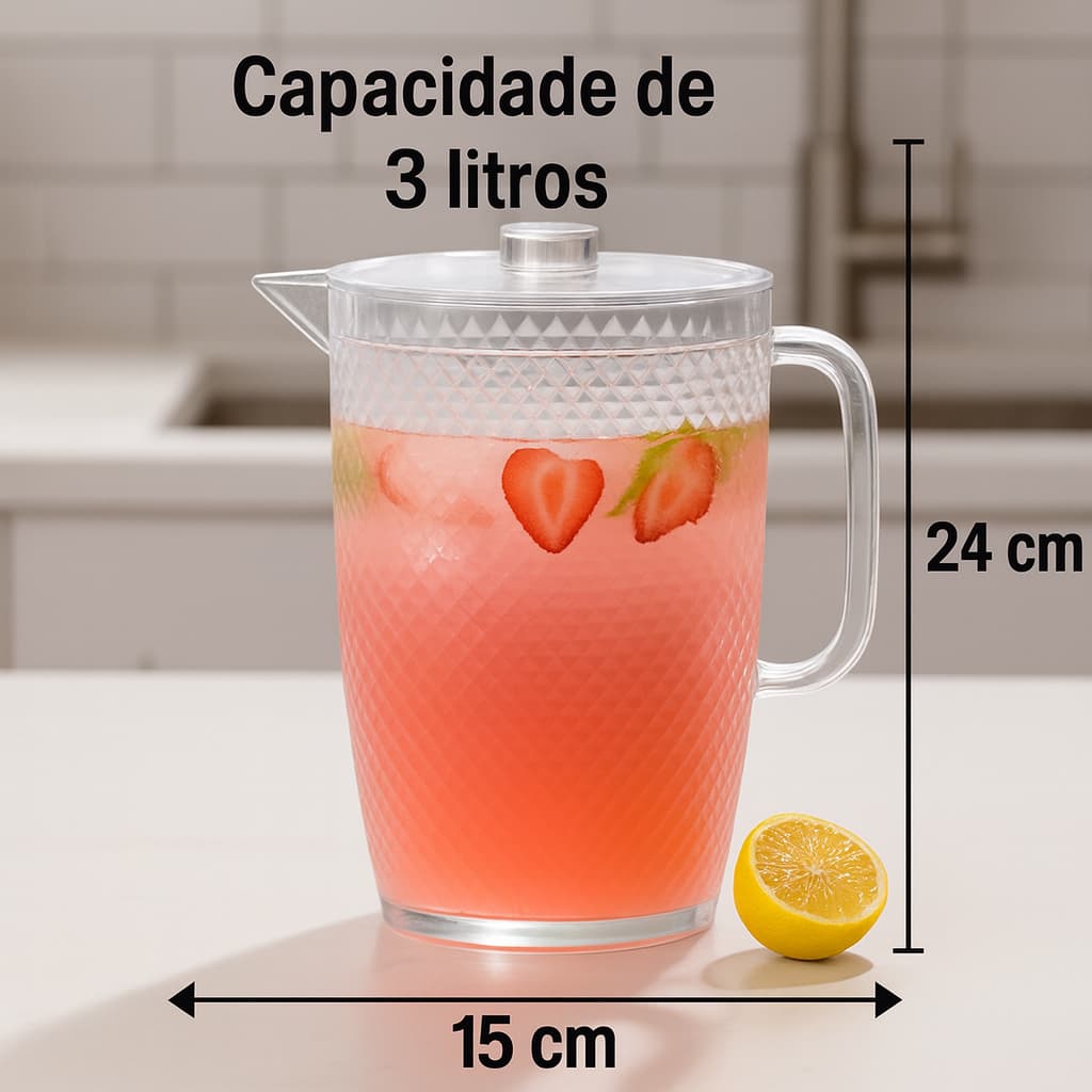 Jarra Diamante Crystal De Acrílico 3 Litros - Para Água, Suco e Bebidas - Jarra de Mesa