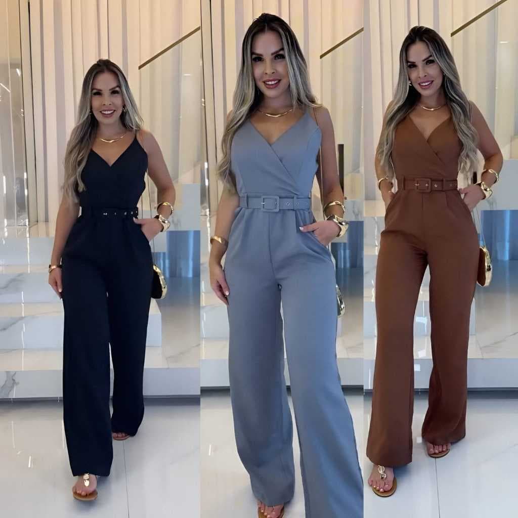 Macacão Feminino Longo Alfaiateria Elegante com Cinto M ao GG