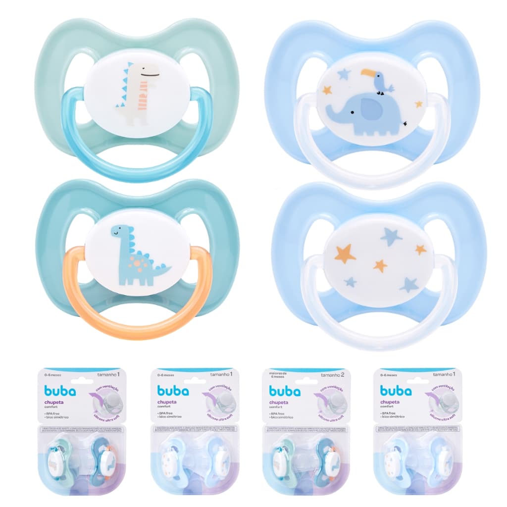 Kit 2 Chupeta Buba Menino Chupeta para Bebê de Silicone Chupeta Tamanho 01 e 02 Chupeta de Dino
