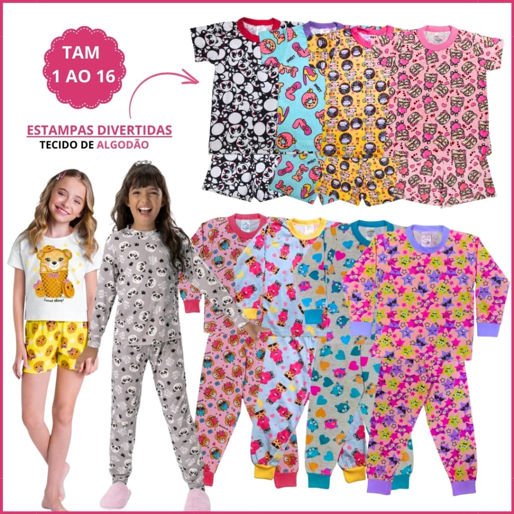 Kit 8 Peças Pijama Menina Inverno e Verão 2 Pijama Verão e 2 Pijama Infantil Inverno 1 ao 16 Algodão