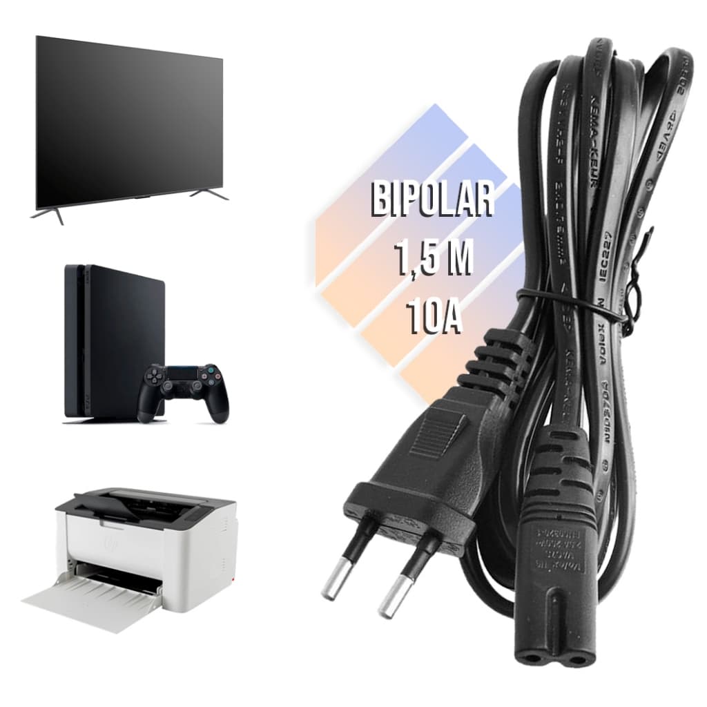 Cabo de Energia Bipolar Padrão Tipo 8 Tomada P/ Impressoras, Fonte, Rádio, Playstation - 1,5 Metros