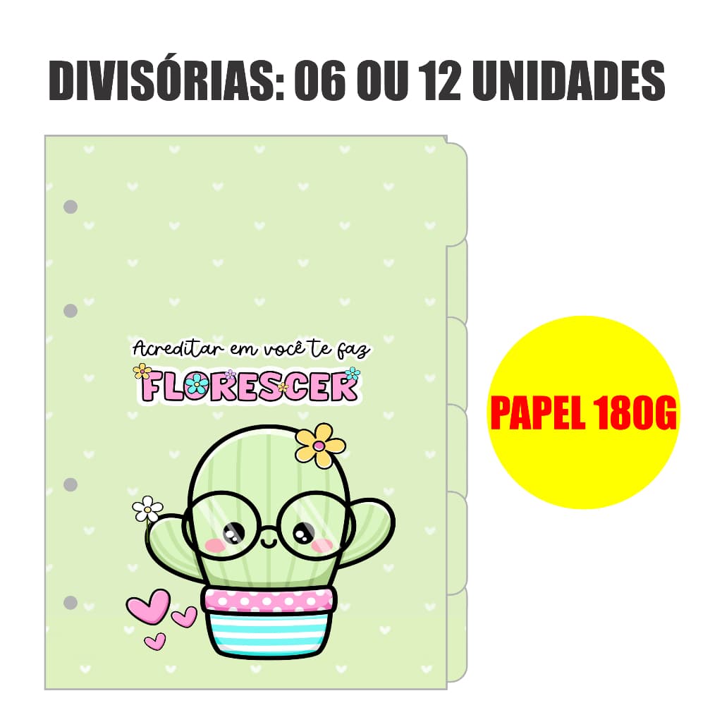 Divisórias Tamanho Colegial 17,7x24 Papel 180Gramas Grosso - Vaquinha - Escolha 6 ou 12 Unidades
