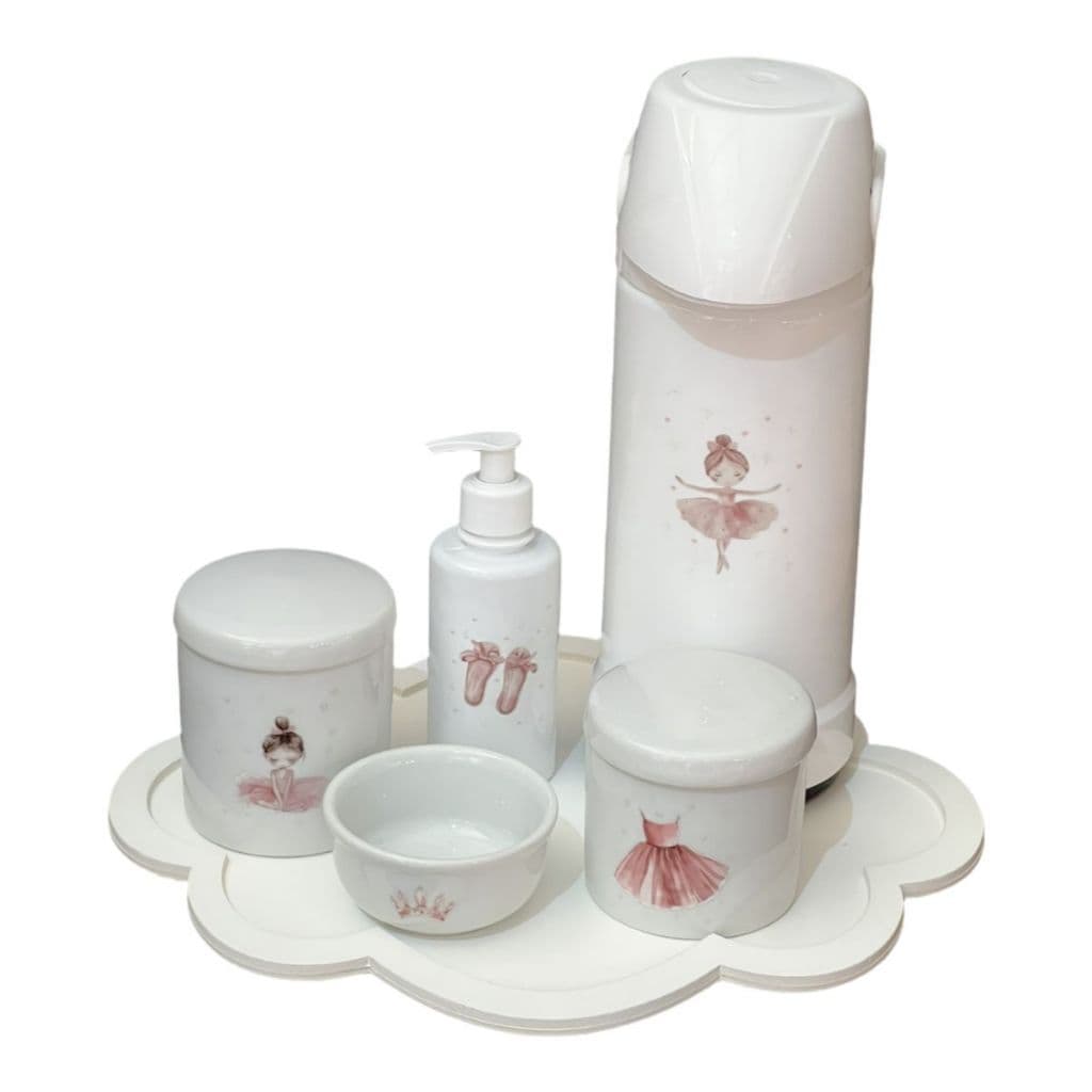 Kit Higiene Bebê Porcelana Bailarina Bandeja Nuvem ou Coração Adesivo Dtf Uv Com Nome Personalizado Garrafa Pump