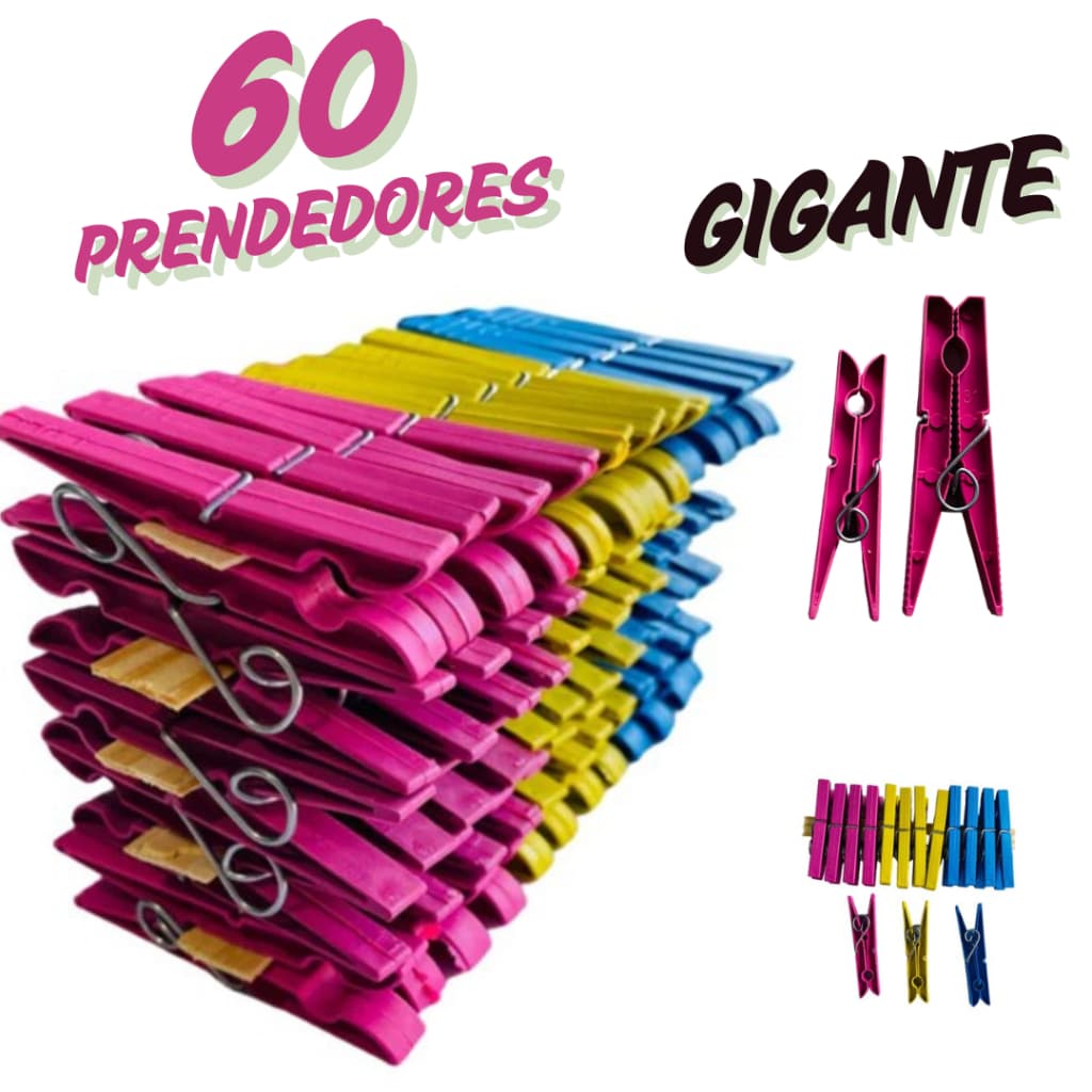 Kit com 60 / 48 / 36 / 24 / 12 Pregadores de Roupa em Plástico GIGANTE Reforçado - Cores Sortidas