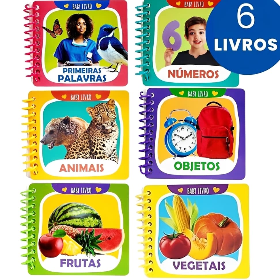Kit 6 Livros Baby Variados Educativos Para Bebê Primeiras Palavras Números Frutas E Objetos Animais Vegetais Animais