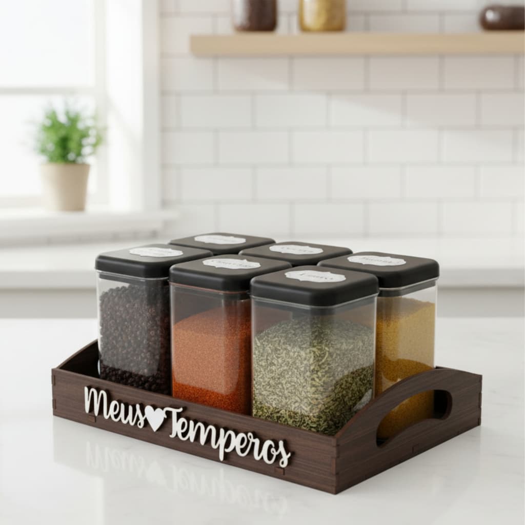 Bandeja Meus temperos organizadora 6 Potes em Mdf decorado Porta Condimentos Mantimentos Original