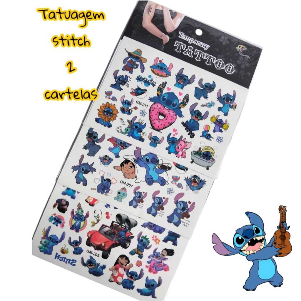 kit com 2 cartelas de tatuagens stitch temporária infantil /tatuagem fofa