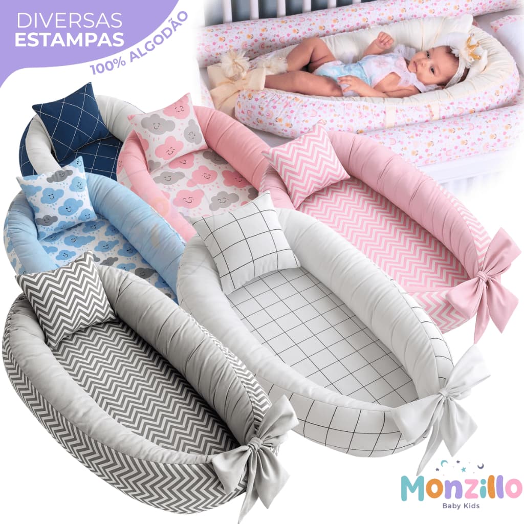 Ninho Redutor de Berço Bebê Percal 100% Algodão + Almofada Anatômica