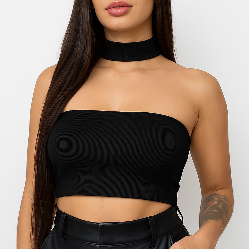 Cropped Top Feminino Tomara Que Caia Com Gola Choker