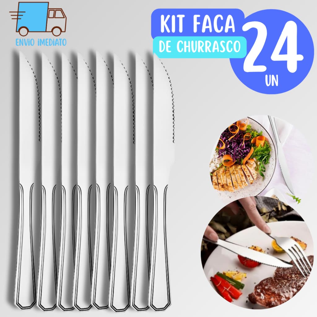 Kit com 24 Facas em Aço Inox 21cm para Restaurantes Buffet Casa Bares