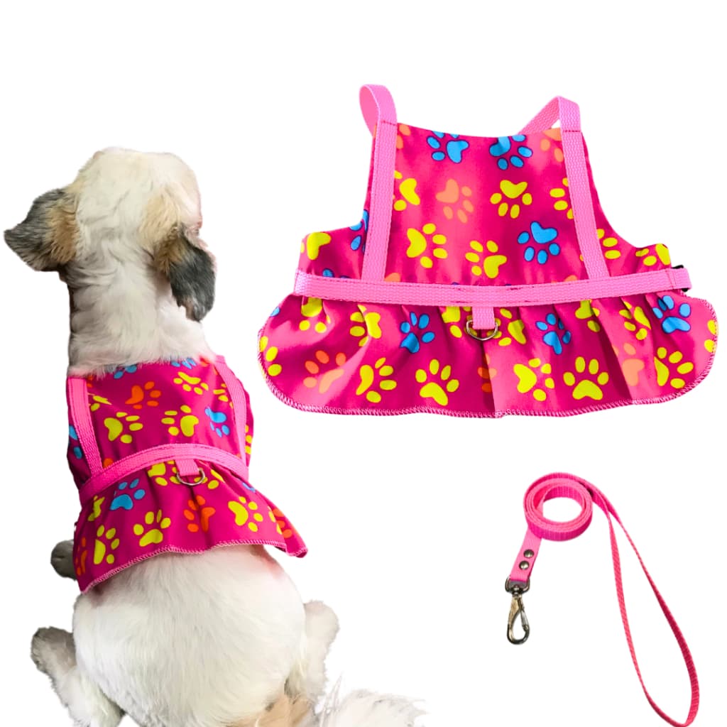 Coleira Pet Peitoral Dog Fêmea com Saia Vestido com Ajuste no Peito +  Guia
