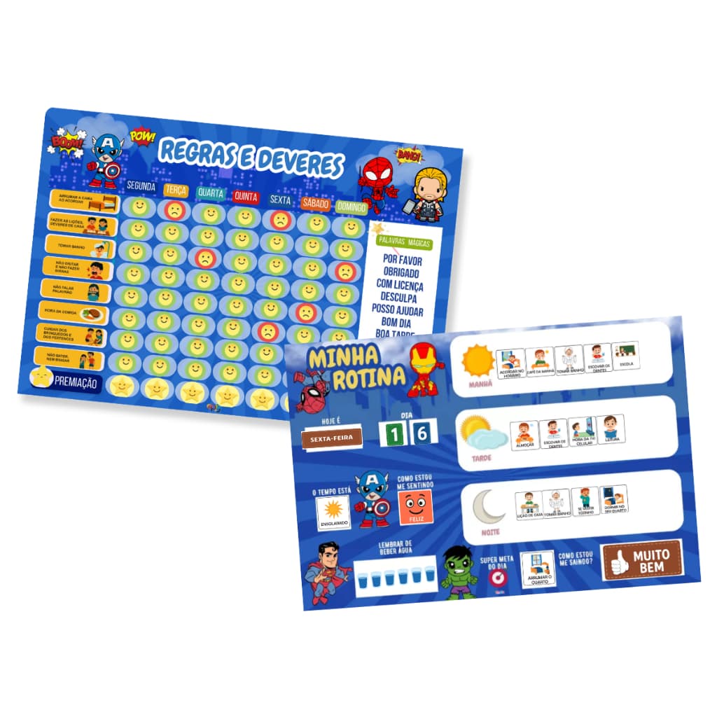 Kit Quadro de Incentivo + Quadro de Rotina Infantil - Tema Heróis Baby para Atividades e Motivação Diária
