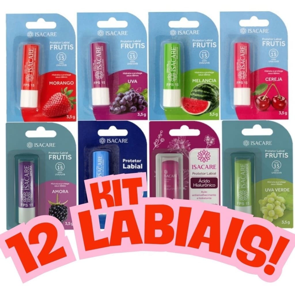 ISACARE - Kit 12 Unidades de Protetor Labial FPS 15 3,5g - Escolha o Sabor