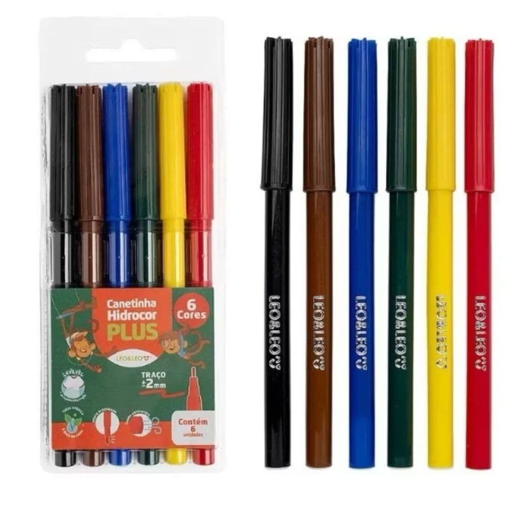 Hidrocor Lavável 6 Cores Canetinhas Plus Estojo Leo&Leo