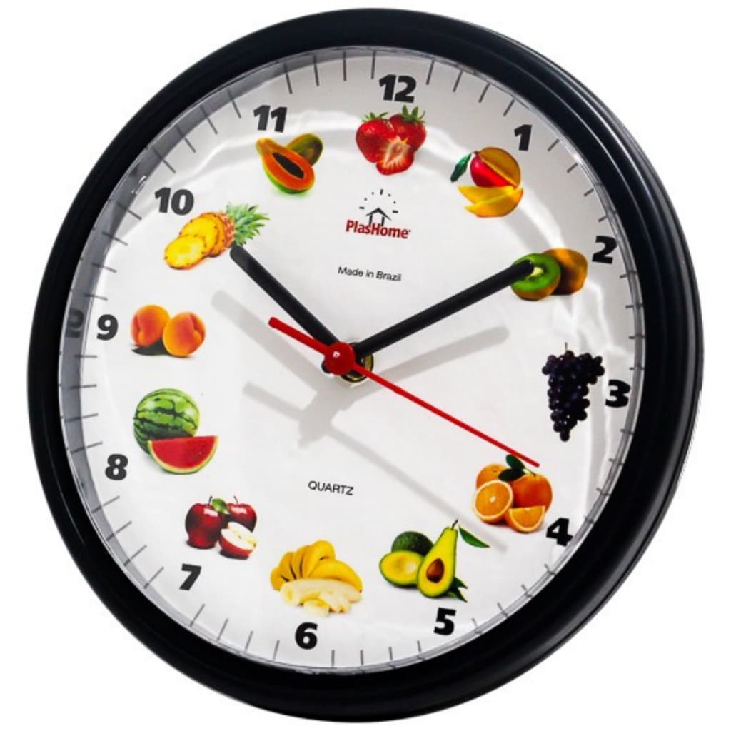 Relógio de Parede Redondo Ômega Preto Fruta Plashome Sala Cozinha e Escritório