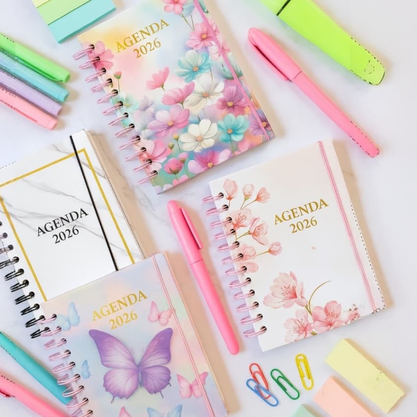 Agenda 2026 Espiral Diária Planner Colorida Estampado 19cmx13,5cm Feminina Calendário Mármore Borboleta 168 Folhas
