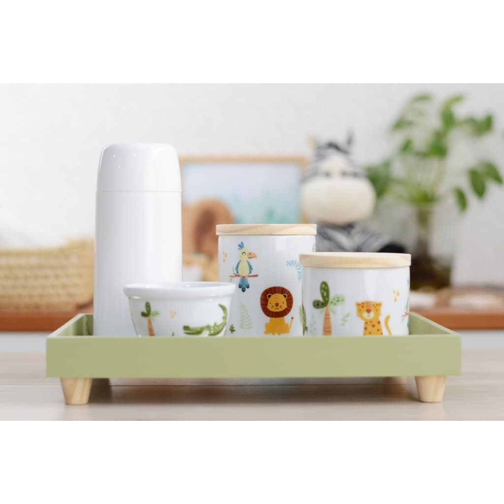 Kit Higiene Porcelana Bebê Maternidade Safari Leão Potes Porcelana Intantil