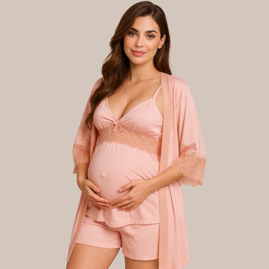 Short Doll CURTO Amamentação + Robe em Microfibra com detalhes em Renda Luxo.