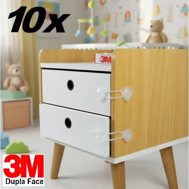 10 Travas Gaveta Segurança Bebê Transparente - Fixação 3M