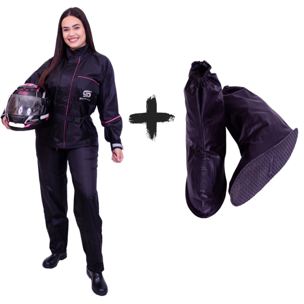 Kit Capa Roupa Conjunto Chuva Nylon Feminina Impermeável Moto Frio Motoqueira + Polaina Bota Pvc
