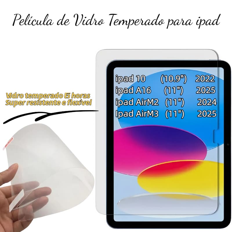 Película de Vidro Temperado para iPad 10/11 (A16) e iPad Air M2/M3 ，Ultra Resistente, 9H, Toque Preciso
