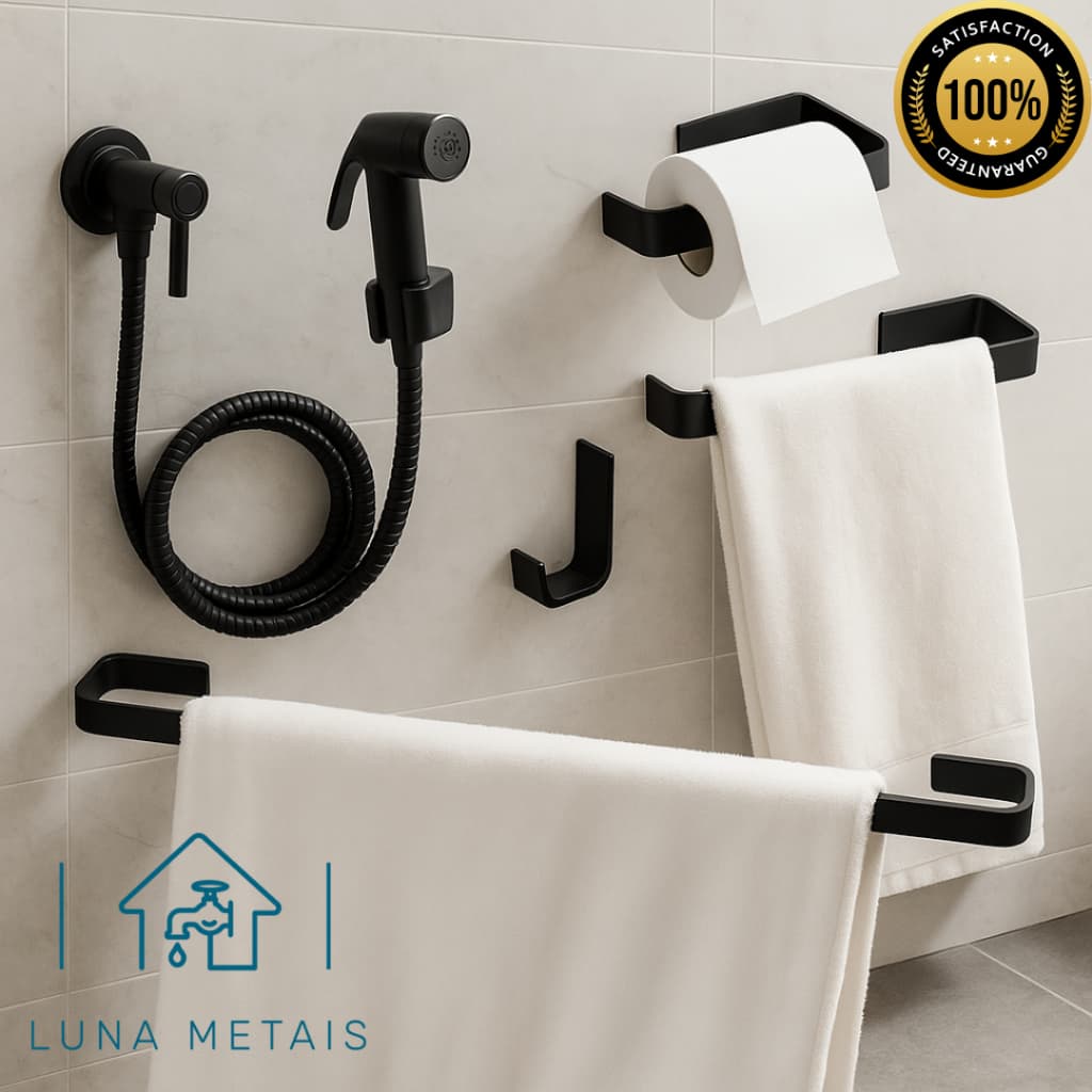 Kit Banheiro Luxo Preto Fosco | Ducha Higiênica + Acessórios Quadrados Inox Preto