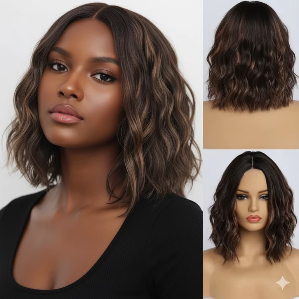 Peruca Wig Curta ondulada Sem franja 40cm + wig cap
