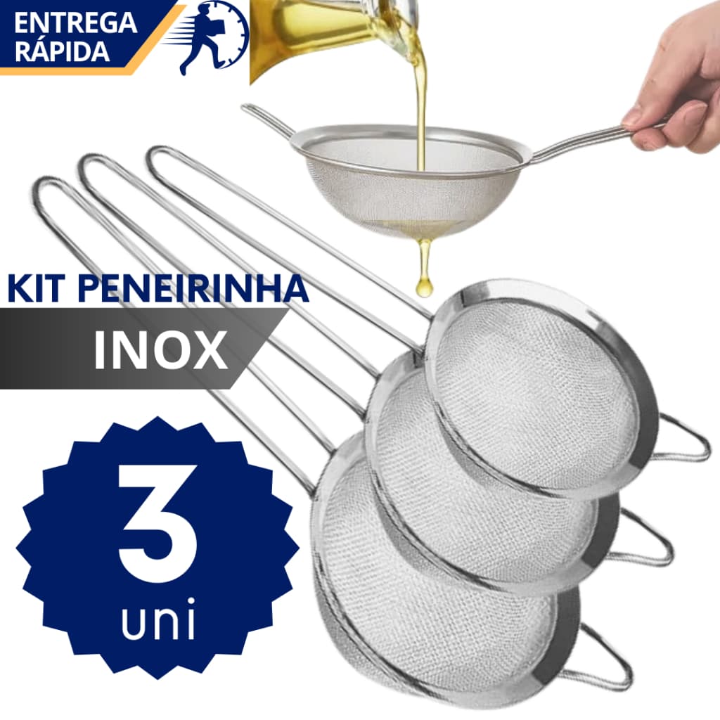 Kit Peneira Inox Malha Fina 8cm 10cm 12cm Coador Coar Escorrer Óleo Bebida Chá Cozinha