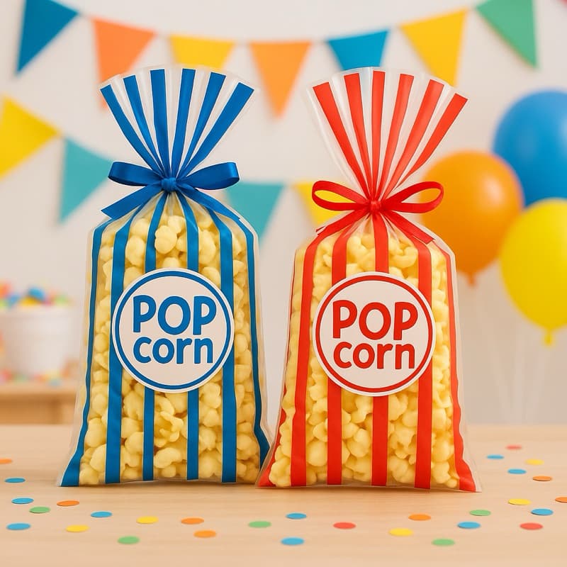 50 Saco Poli Plástico Listrado Azul Vermelho Pipoca PopCorn 11x22cm Decorado Estampado Lanche Lembrancinha Festa