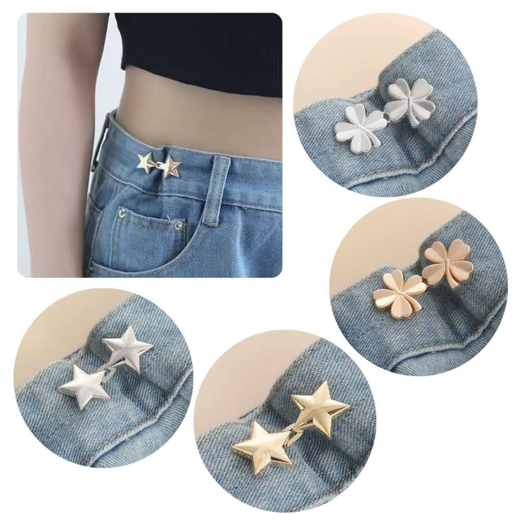 Kit 2 Fivela Ajuste Calça Botão Estrela Trevo Colchete Broche Acessório Moda